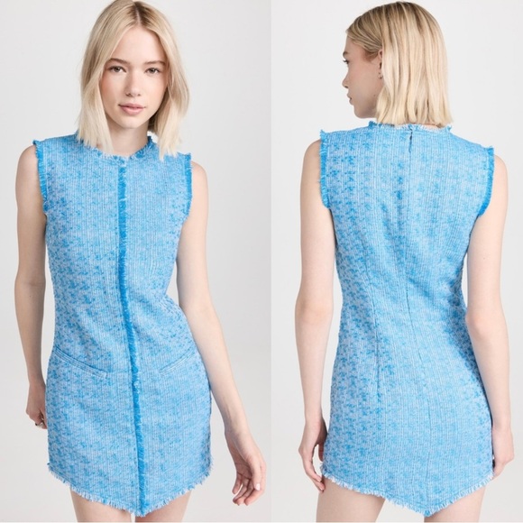 STAUD Crystal Tweed Boucle Fringe Sleeveless Mini Dress Pacific Blue Size 2 NEW - Picture 1 of 10